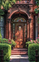 Fototapeta premium Ornate wooden door with stained glass windows and brick facade