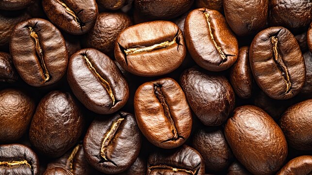 A detailed view of roasted coffee beans showcases their rich, varied textures, emulating an intense aroma and the promise of delicious, energizing brews.