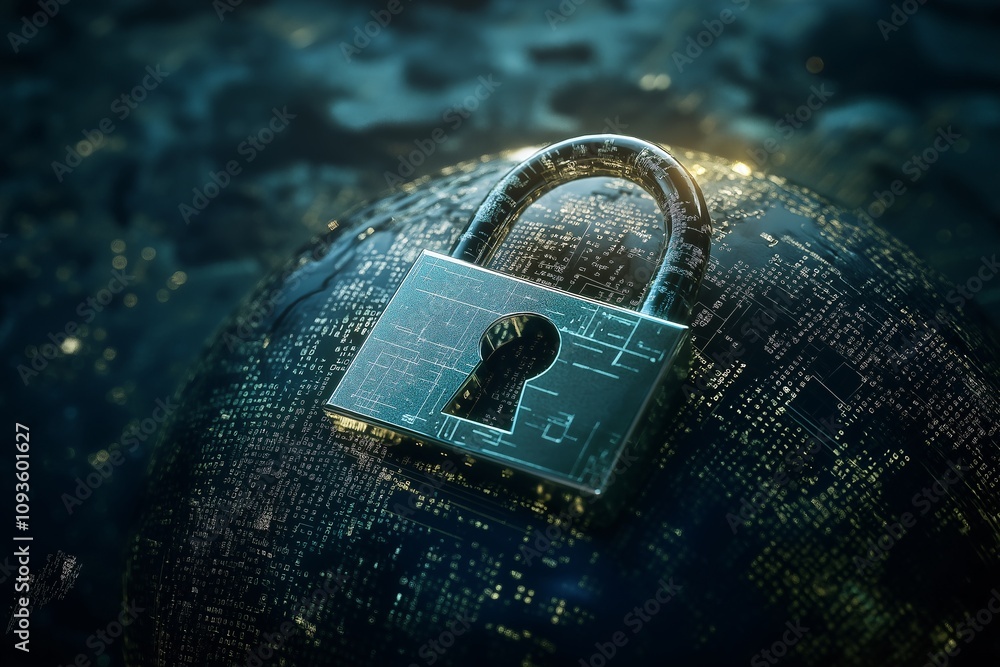 Poster global cyber security: a padlock secures a digital globe, symbolizing the protection of data in our 