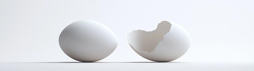 A whole egg and a broken eggshell on a white background