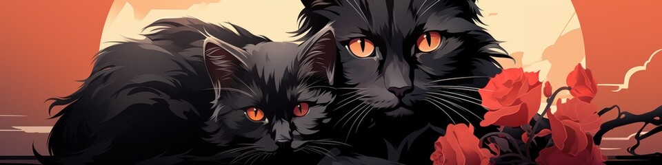 A pair of black cats with striking orange eyes nestled together, surrounded by vibrant roses at sunset.