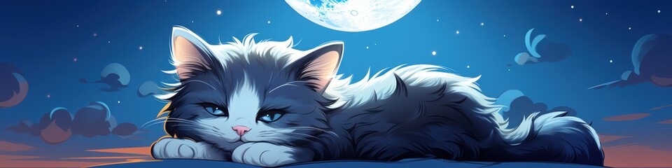 A fluffy gray and white cat lying peacefully under a glowing full moon in a dreamy night sky.