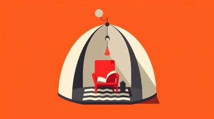 A cozy reading nook inside a minimalist tent, featuring a red chair and a lamp.