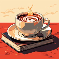 A steaming cup of coffee with intricate latte art atop a stack of colorful books.