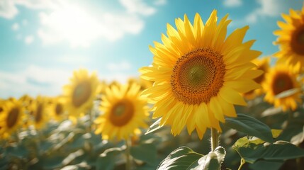 A vibrant sunflower field under a bright sky, showcasing natural beauty.