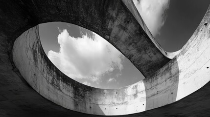 Abstract black and white photo of a concrete structure with an oval opening revealing the sky.
