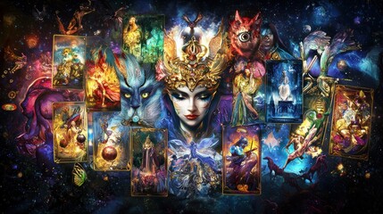 Fototapeta premium Tarot cards spread across a black background with a queen card at the center, glowing with magical energy.