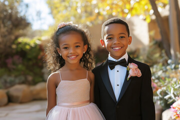 Adorable African-American flower girl in pink dress and ring bearer in black tuxedo, copy space