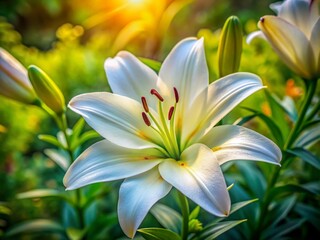 Fototapeta premium Stunning Close-Up of White Lily Blossom in a Serene Garden Setting, Showcasing Delicate Petals and Natural Beauty of Flora in Macro Photography