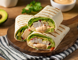 Grilled chicken avocado wraps on a plate with fresh avocado and greens, healthy and delicious lunch...