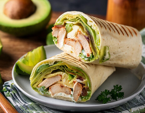Grilled chicken avocado wrap on a plate with fresh avocado and greens, healthy and delicious lunch option.