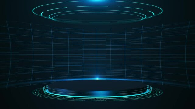 Futuristic hi tech stage layout and background. Digital hologram stage Modern cyberspace innovation hud interface circle interfaces. Hi tech futuristic display hologram. hologram blockchain. Big data