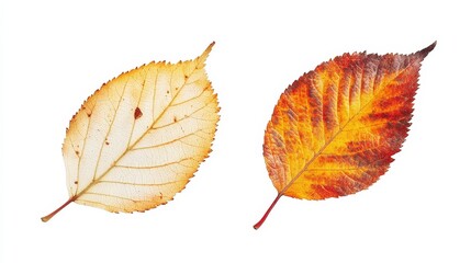 Comparative study of two autumn leaves with varying colors and stages of decay