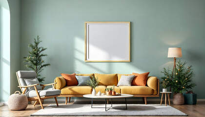 Interior wall in a modern home with blank frame canvas or space for graphic design mockup wall art hanging decorated for Christmas with tree and lights