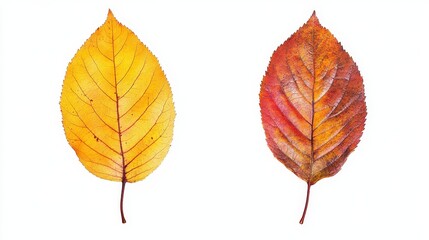 Vibrant autumn leaves: yellow and red on white background