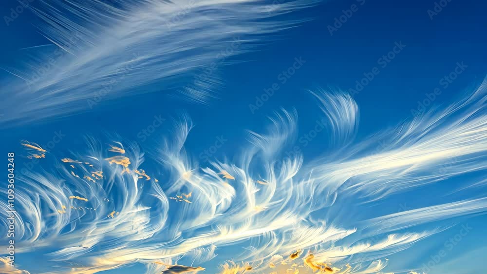 Poster a stunning view of wispy cirrus clouds illuminated by the golden hues of a setting sun, wispy cirrus