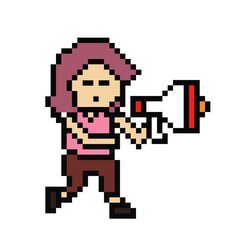 Obraz premium Cute pixel cartoon character woman with megaphone announcement speaker information announce decoration 8 bit female girl lady megaphone cartoon pixel game png vector.