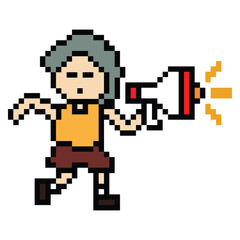 Cute pixel cartoon character man with megaphone announcement speaker information announce decoration 8 bit male boy megaphone cartoon pixel game png vector. 