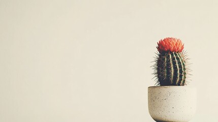 Blooming cactus in a minimalist pot against a beige background.