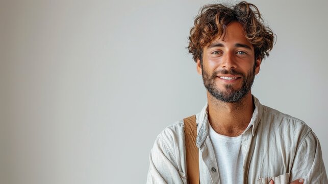 Young man with curly hair and beard smiles warmly while standing against a neutral background in a casual setting. Generative AI