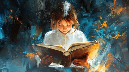 A young girl engrossed in reading a book, illuminated with magic.