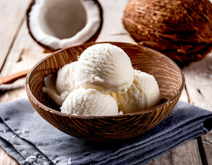 Bowl of creamy coconut ice cream served in a coconut shell on a wooden table.