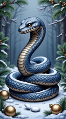 Fototapeta premium Snake a symbol of the year: Blue snake coiled in a snow-covered forest with festive golden ornaments hanging from pine branches, creating a serene winter scene filled with holiday magic and a touch of