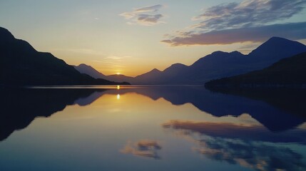 Obraz premium calm lake reflecting towering mountains at sunset, stillness and beauty of untouched nature