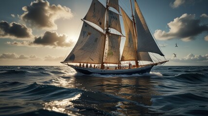 Majestic sailing ship glides across ocean waves at sunset, with birds in flight and dramatic clouds.
