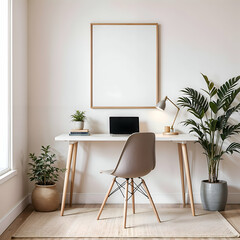 Minimalist Scandinavian Home Office with Blank Poster Frame