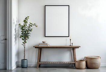 Minimalist Entryway with Wooden Console and Blank Poster Frame