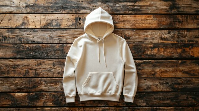 White hoodie on a wooden background, flat lay.