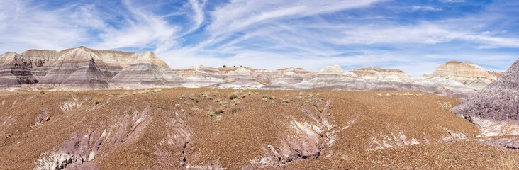 Panoramic view of badland hills of bluish bentonite clay along the Blue Mesa trail in the Petrified Forest National Park, Arizona, USA on 18 April 2024.