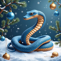 Fototapeta premium Snake a symbol of the year: Blue and orange snake curled up in a snowy winter landscape, surrounded by Christmas decorations, pine tree branches, and golden ornaments, symbolizing the spirit of the Ne
