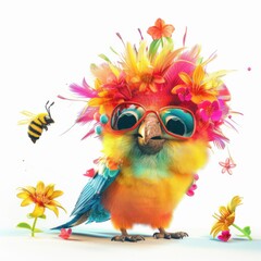 A vibrant parrot with colorful feathers and sunglasses enjoys a sunny day surrounded by flowers