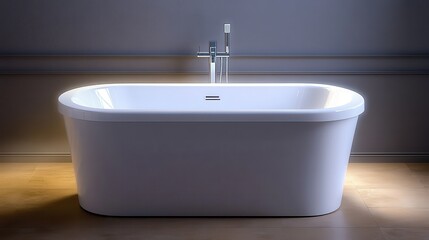 Fototapeta premium Sparkle bathrooms reflect excellent hygiene. Illuminated Glossy Acrylic Bathtub in Modern Setting