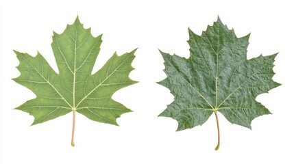 Fototapeta premium Close-up of green maple leaves showcasing detailed veins and summer foliage on white background