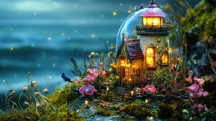 Enchanted miniature lighthouse in a magical world with glowing lights and mystical creatures.