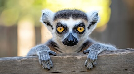 A ring-tailed lemur with large, expressive eyes stares directly at the camera, perched on a wooden branch.