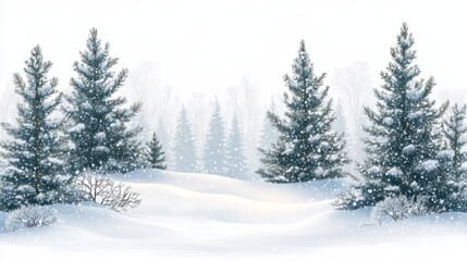 Fototapeta premium Christmas trees fir-trees pinetrees forest during winter with snow on a cloudy day landscape, background,