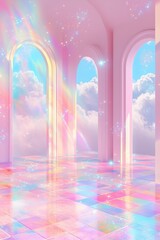 ethereal room with tall arched windows casting soft sunlight onto a cobblestone floor, surrounded by glittering, dreamy clouds of mist and sparkling particles floating in the air