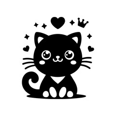 a black and white drawing of a cat and a heart silhouette art style vector outline