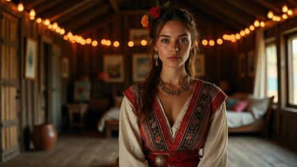 Fototapeta premium A dramatic folklore green outfit, featuring natural fabrics and ornate embroidery, is showcased in a wooden interior for traditional emphasis.