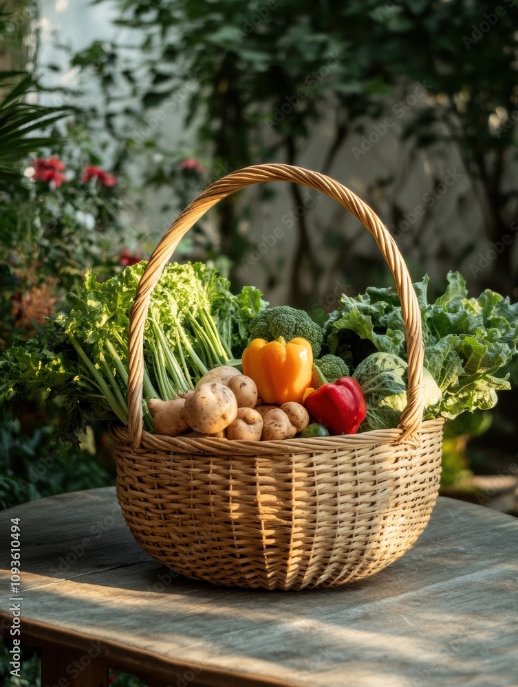 Aufkleber A wicker basket brimming with fresh vegetables rests on a rustic table, set against a backdrop of vibrant greenery and flowers. Generative AI