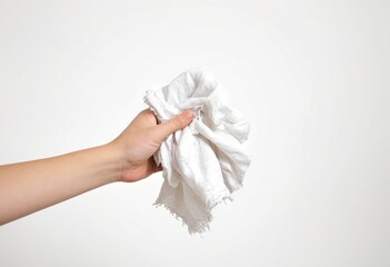 Obraz premium Hand holding napkin on white background