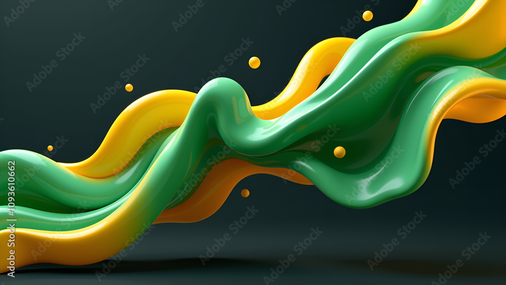 Poster vibrant fluid design with green and yellow waves and floating spheres, 3d render, dynamic and playfu