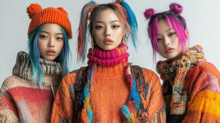 Obraz premium Three models showcase vibrant, colorful knitwear in a stylish photoshoot.