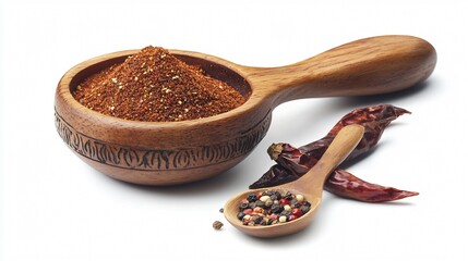 A rustic spice setup with chili pepper powder, dried chilies, and a wooden spoon
