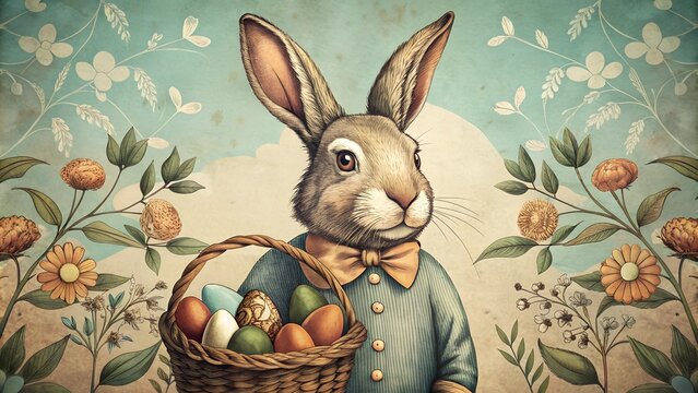 Retro Easter bunny illustration, vintage-themed muted palette for timeless appeal