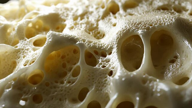 Close-up view reveals intricate porous structure of a bone sample under magnification